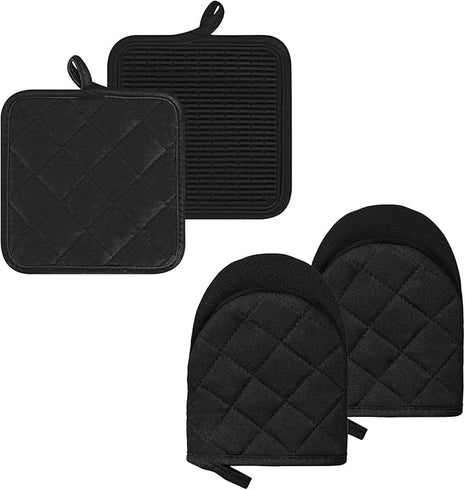 Oven Mitts and Pot Holders Set, Pack of 4, Heat Resistant Silicone Kitchen Mini Oven Mittens for 500 Degrees, Mini Oven Gloves and Hot Pads for Baking Grilling Barbecue Microwave Machine Washable