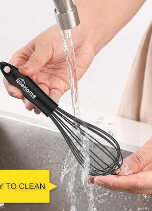 NileHome Upgrade Silicone Whisk Set 8" 10" 12" Kitchen Whisk Kitchen Wisk Wire Whisks for Cooking, Whisking, Blending, Beating, Stirring-Black