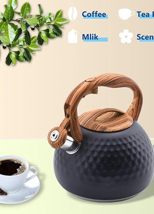Tea Kettle Stovetop, 3.2 Qt Stainless Steel Whistling Kettle for Stove Top, Food Grade Teapot with Wood Pattern Handle for Coffee, Milk etc, Gas Electric Applicable (Black)