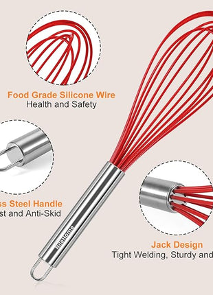 NileHome Whisk Commercial Stainless Steel wisk & Silicone Non-Stick Coated Small Whisk Set 8" 10" 12" Kitchen Wisk Wire Whisks for Cooking 3 Pack, Red