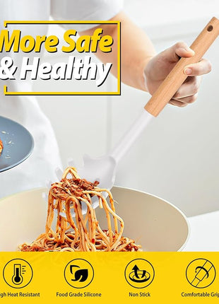 Silicone Pasta Fork and Ladle Spoon Set with Wooden Handle, Heat Resistant Non Stick Kitchen Utensils for Cooking, Stirring, Serving Spaghetti, Soup, Sauce(WHITE)