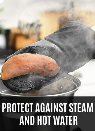 HOMWE Silicone Oven Mitts and Pot Holders, 4-Piece Set, Heavy Duty Cooking Gloves, Kitchen Counter Safe Trivet Mats, Advanced Heat Resistance, Slip-Resistant Textured Grip, Black