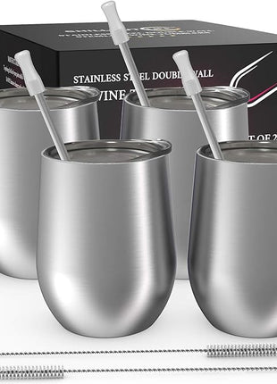 CHILLOUT LIFE 12 oz Stainless Steel Wine Tumblers 4 Pack - Double Wall Vacuum Insulated Wine Glasses Cups with Lids and Straws Set Keeping Cold & Hot for Coffee, Beer, Ice Cream - Dishwasher Safe