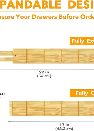 SpaceAid Bamboo Drawer Dividers with Inserts and Labels, Kitchen Adjustable Drawer Organizers, Expandable Organization for Home, Office, Dressers, 4 Dividers with 9 Inserts (17"-22" Natural)