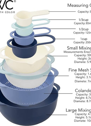COOK WITH COLOR Nesting Bowls with Measuring Cups Colander and Sifter Set - Includes Mixing Bowls, Colander, Sifter and Measuring Cups, Blue Ombre, 8 Pc Bowl