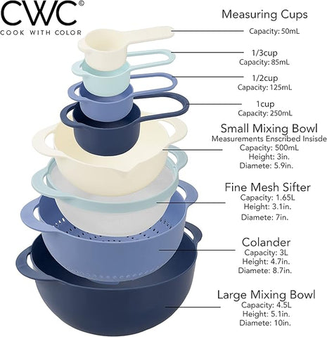 COOK WITH COLOR Nesting Bowls with Measuring Cups Colander and Sifter Set - Includes Mixing Bowls, Colander, Sifter and Measuring Cups, Blue Ombre, 8 Pc Bowl