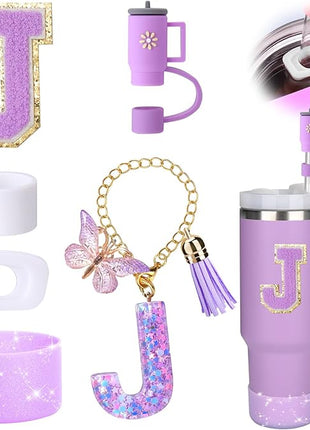 Mity rain 6PCS Cup Accessories Set for Stanley Cup 30oz 40oz tumbler with handle, Including Silicone Straw Topper Cover Cap and Boot, Spill Proof Stopper, Handle Charm, Initials Sticker (Letter J)