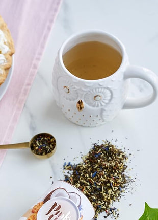 Pinky Up Olivia Owl Mug, Cute Mugs for Women, Tea Tumbler Cup, Tea Accessory Gifts, Owl Design, White and Gold, 16oz