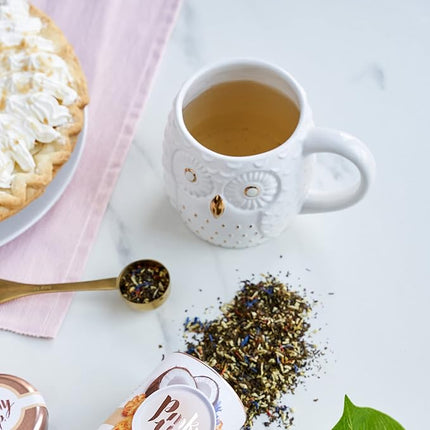 Pinky Up Olivia Owl Mug, Cute Mugs for Women, Tea Tumbler Cup, Tea Accessory Gifts, Owl Design, White and Gold, 16oz