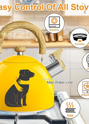 ARC Stainless Steel 2-Quart Whistling Yellow Tea Kettle with Magic Color Changing Design, Stovetop Teapot With Folding Cup & Trivet Mat
