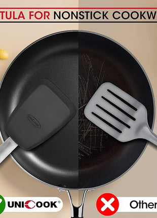 Unicook 2 Pack Flexible Silicone Spatula, Turner, 600F Heat Resistant, Ideal for Flipping Eggs, Burgers, Crepes and More, Black