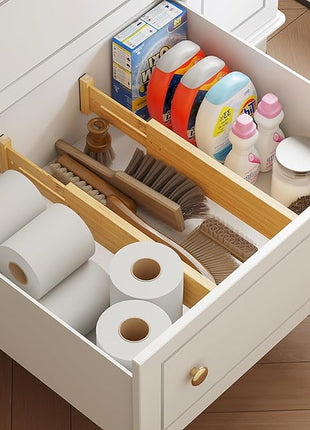 BAMEOS 4 pcs 3" High Bamboo Drawer Dividers Adjustable Drawer Organizer Expandable Drawer Organization Utensil Organizers for Kitchen Dresser Bathroom Bedroom and Office