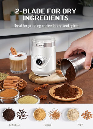 SHARDOR Electric Super Silent Blade Coffee Grinder, Timed Grind Control Rotary Knob, Adjustable Coarse to Fine for Coffee Beans, Spices & Herbs, with 2 Removable Stainless Steel Bowl, White