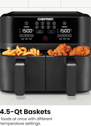 Chefman TurboFry Touch Dual Air Fryer, Maximize The Healthiest Meals With Double Basket Capacity, One-Touch Digital Controls And Shake Reminder For The Perfect Crispy And Low-Calorie Finish