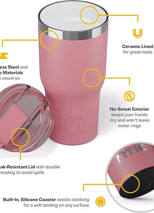 RTIC 20oz Essential Tumbler with Lid, Ceramic Lined, Insulated, Stainless Steel, Metal, Double Wall Vacuum-Insulation, Travel Cup for Iced Coffee, Tea, Hot and Cold Drink, Dusty Rose