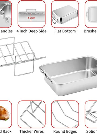 15 Inch Stainless Steel Roasting Pan with V-Shaped Rack and Turkey Baster - Rectangular Roaster for Turkey, Chicken, Vegetables - Fits 20lb Turkey