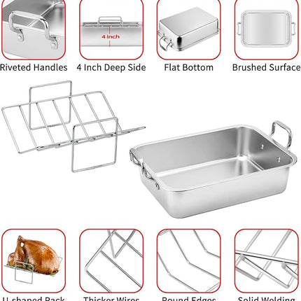 15 Inch Stainless Steel Roasting Pan with V-Shaped Rack and Turkey Baster - Rectangular Roaster for Turkey, Chicken, Vegetables - Fits 20lb Turkey