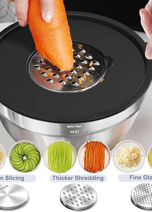 Umite Chef Mixing Bowls with Airtight Lids, 8PCS Stainless Steel Nesting Mixing Bowls Set, 3 Grater Attachments & Non-Slip Bottoms, Black Kitchen Bowls, Size 5, 4, 3.5, 2, 1.5QT for Baking & Serving
