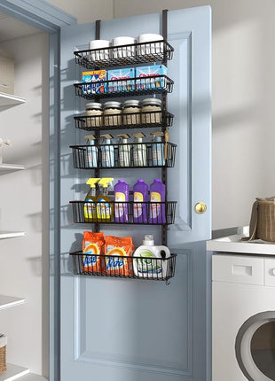 Over The Door Pantry Organizer, Pantry Organization and Storage, 6-Tier Deep Baskets Hanging Heavy-Duty Metal, Wall Spice Rack Seasoning Shelves for Home & Kitchen, Laundry Room Bathroom, Black