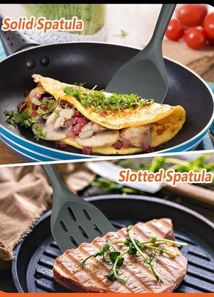 Pack of 2 Silicone Spatula, Non Stick Cooking Utensil Set Wooden Handle Kitchen Turner for Baking Mixing Grilling Serving Food Heat Resistant Non Scratch Hooks Included (Grey)