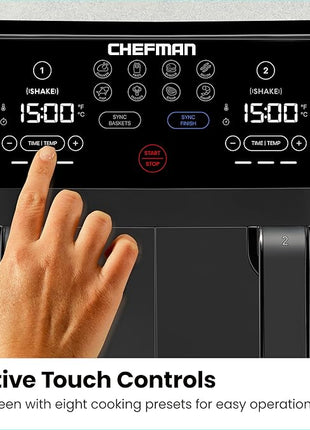 Chefman TurboFry Touch Dual Air Fryer, Maximize The Healthiest Meals With Double Basket Capacity, One-Touch Digital Controls And Shake Reminder For The Perfect Crispy And Low-Calorie Finish