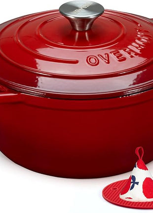 Overmont Enameled Cast Iron Dutch Oven - 7QT Pot with Lid Cookbook & Cotton Potholders - Heavy-Duty Cookware for Braising, Stews, Roasting, Bread Baking red
