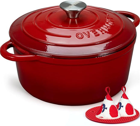 Overmont Enameled Cast Iron Dutch Oven - 7QT Pot with Lid Cookbook & Cotton Potholders - Heavy-Duty Cookware for Braising, Stews, Roasting, Bread Baking red