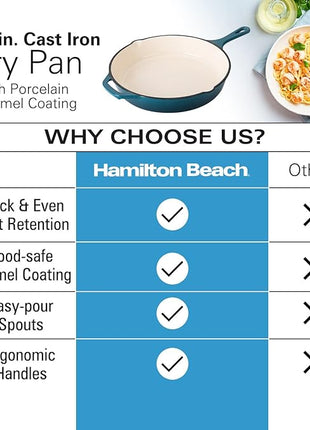 Hamilton Beach Enameled Cast Iron Fry Pan 12-Inch Navy, Cream Enamel Coating, Skillet Pan For Stove top and Oven, Even Heat Distribution, Durable