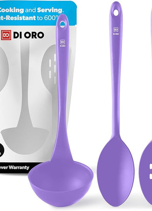 DI ORO Silicone Ladle & Spoons for Cooking – Large Kitchen Spoons for Mixing, Serving & Stirring - Soup Ladle with Wide Bowl - High Heat Silicone Kitchen Utensils for Nonstick Cookware Safe (Lavender)