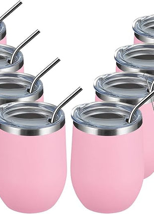 MEWAY 12 OZ/8 Pack Wine Tumbler Glasses with Lid - Stemless Double Wall Vacuum Stainless Steel Travel Tumbler - Keeping Cold & Hot for Wine,Coffee,Cocktails,Drinks-Family and Gifts (Pink,Set of 8)