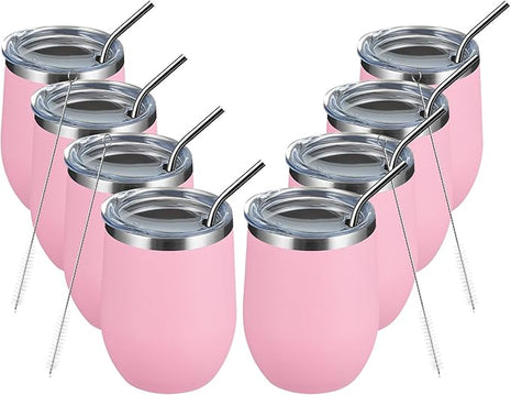 MEWAY 12 OZ/8 Pack Wine Tumbler Glasses with Lid - Stemless Double Wall Vacuum Stainless Steel Travel Tumbler - Keeping Cold & Hot for Wine,Coffee,Cocktails,Drinks-Family and Gifts (Pink,Set of 8)