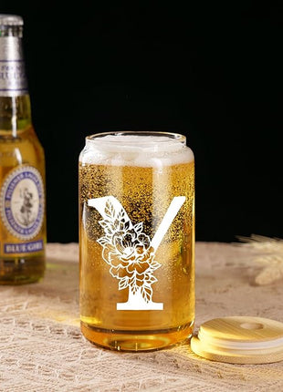 Coolife Initial Glass Cup, Monogrammed Gifts for Women, 16 oz Glass Cups w/Lids Straws, Iced Coffee Smoothie Beer Tumbler w/Straw Lid - Personalized Christmas, Birthday Gifts for Her Mom Friend Woman