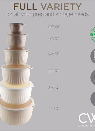 COOK WITH COLOR Prep Bowls with Lids- Wide and Deep Nesting Plastic Small Mixing Bowl Set with Lids, 12 Piece Set - Deep Bowls, Brown