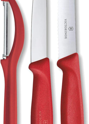 Victorinox Swiss Classic Paring Knife Set with Peeler - Includes a Straight Edge & Serrated Paring Knife, & Fruit & Vegetable Peeler - Red Handle, 3-Piece Set
