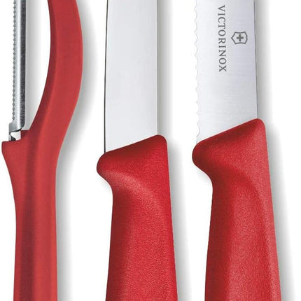 Victorinox Swiss Classic Paring Knife Set with Peeler - Includes a Straight Edge & Serrated Paring Knife, & Fruit & Vegetable Peeler - Red Handle, 3-Piece Set