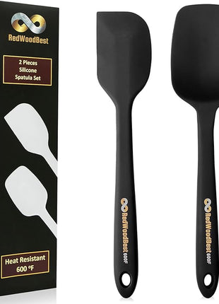 Premium 600F High Heat Resistant Silicone Spatula 2 Set Sturdy Handle Created for Cooking, Baking and Mixing, One Piece Design, Non-Stick, Strong Stainless Steel Core (Black)