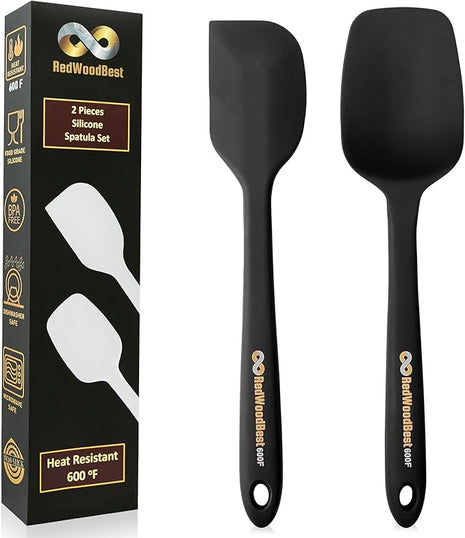 Premium 600F High Heat Resistant Silicone Spatula 2 Set Sturdy Handle Created for Cooking, Baking and Mixing, One Piece Design, Non-Stick, Strong Stainless Steel Core (Black)