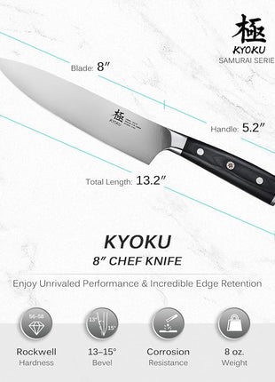 KYOKU 8" Chef Knife, Samurai Series Meat Cutting Knife with Pakkawood Handle & Mosaic Pin, Japanese High Carbon Steel Knife, Full Tang Cutting Chopping Knife for Vegetable Fruit with Sheath and Case