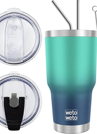 WETOWETO 30 oz Tumbler with 2 Straws and 2 Lids, Stainless Steel Insulated Vacuum Coffee Tumbler Cup, Double Wall Leakproof Travel Mug (Green-Blue Gradient, 1 Pack)
