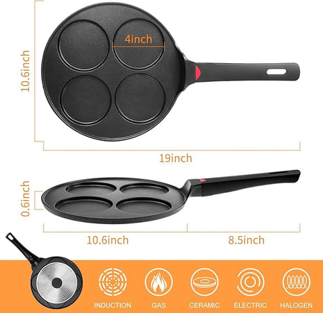 Pancake Pan Nonstick-Suitable for All Stovetops & Induction Cooker, 10.5 Inch Mini Silver Dollar Grill Blini Griddle Crepe Pan, 4 Molds Cake Egg Skillet, 100% PFOA Free Coating