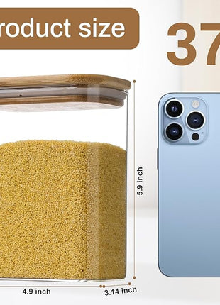 Liuruiyu Glass Storage Jars 12 * 8cm [Set of 6],Clear Glass Food Storage Containers with Airtight Bamboo Lid Stackable Kitchen Canisters for Candy,Cookie,Rice,Sugar,Flour,Pasta(Square)