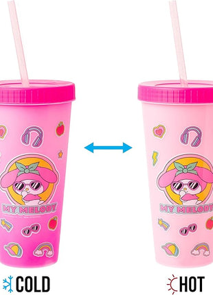 Silver Buffalo Sanrio Hello Kitty and Friends Sticker Design Featuring Kuromi, Keroppi, My Melody, and Hello Kitty 4 Pack Color Changing Plastic Tumbler Set with Glitter Straw, 24 Ounces