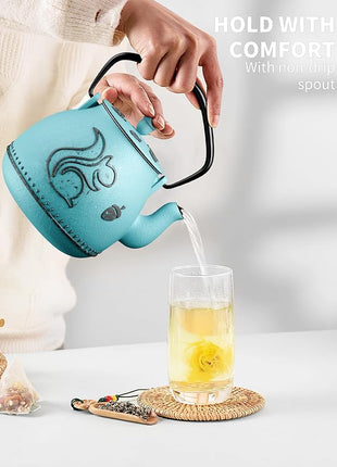Toptier Teapot with Removable Infuser, Cast Iron Tea Kettle Stovetop Safe, Squirrel Design Tea Pot Coated with Enameled Interior for 32 Ounce (950 ml), Blue