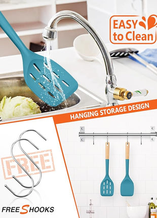 Pack of 2 Silicone Spatula, Non Stick Cooking Utensil Set Wooden Handle Kitchen Turner for Baking Mixing Grilling Serving Food Heat Resistant Non Scratch Hooks Included (Blue)