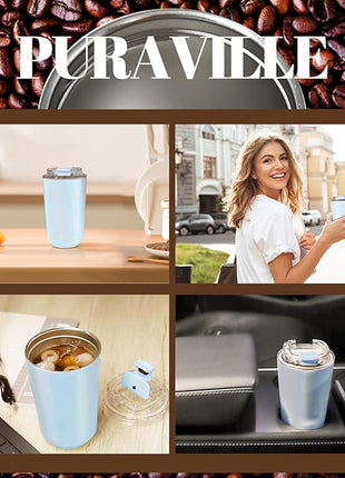 Puraville Insulated Tumblers with Lid, 10 oz Travel Coffee Mug Stainless Steel Vacuum Cup, Leak Proof Reusable Double Walled Coffee Tumbler for Iced and Hot Drinks, Light Blue