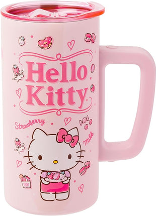 Silver Buffalo Sanrio Hello Kitty Strawberry Milk Double Wall Stainless Steel Travel Mug With Handle, 15 Ounces