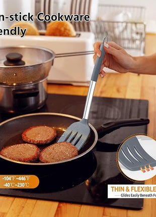 Silicone Spatula Set of 2, E-far Solid & Slotted Turner for Nonstick Cookware, Heat Resistant Rubber Kitchen Cooking Utensils for Flipping Fish Pancake Egg - Grey