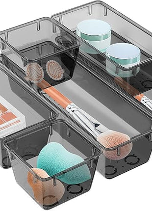 WOWBOX 12 Pack Clear Drawer Organizer Set, Acrylic Drawer Storage Trays, Storage Bins for Makeup, Cosmetics, Jewelries, Utensils, Gadgets, Office, Black
