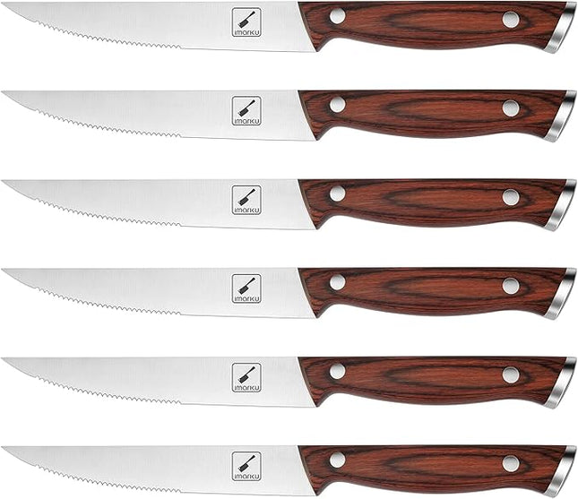 imarku Steak Knives Set of 6, Japanese HC Steel Premium Serrated Steak Knife Set with Ergonomic Handle and Gift Box, Home Essential, Best Chrismas Gifts for Women and Men
