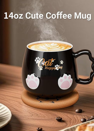 Bgbg Cute Cat Mug, Novelty Ceramic Coffee Tea Milk Cup with Lovely Kitty Lid, Kawaii Claw Spoon, Anime Coaster, Novelty Things Birthday Christmas Gift for Cat Lovers Women Her, 14 oz, Black